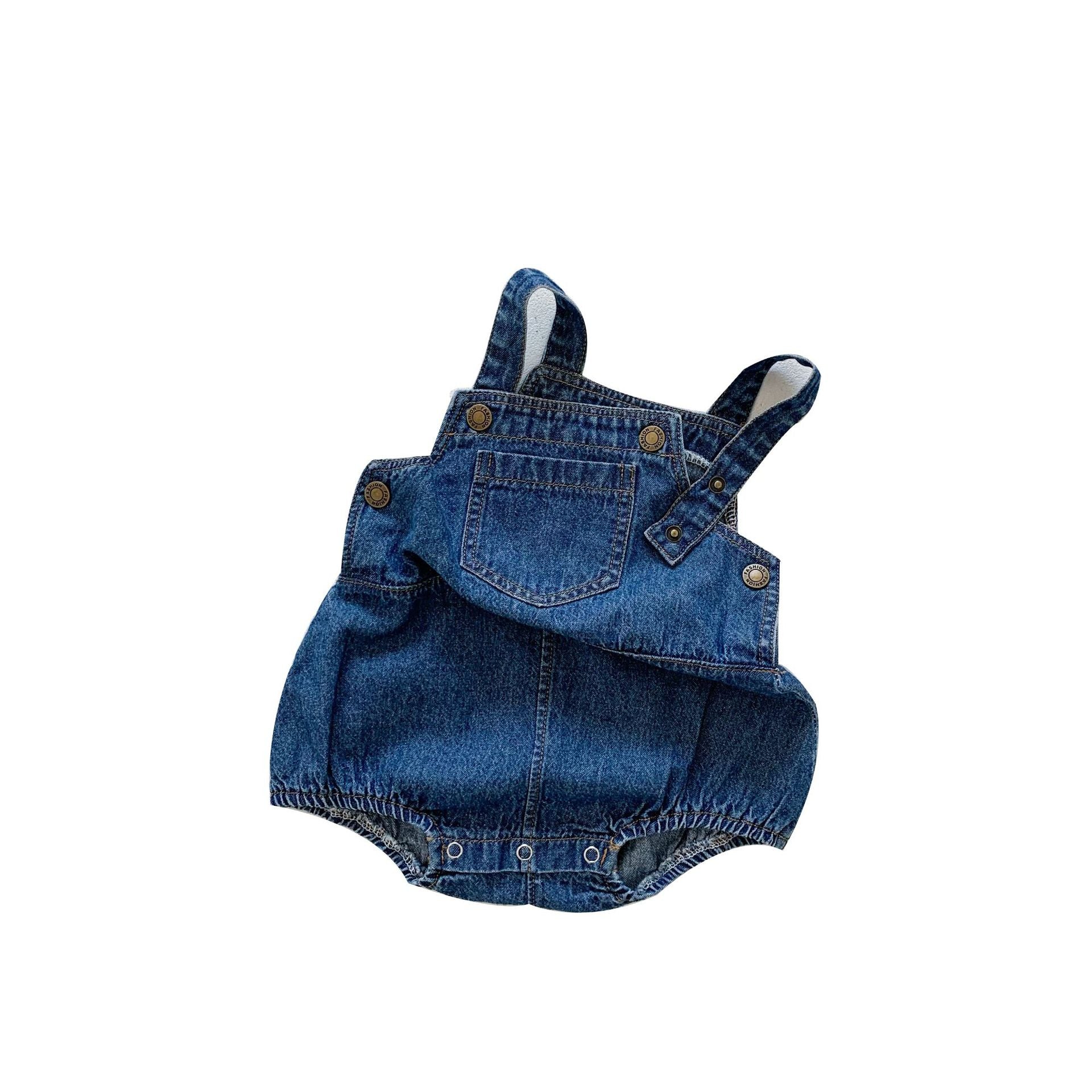 Cool Denim Overall Romper with Striped Top