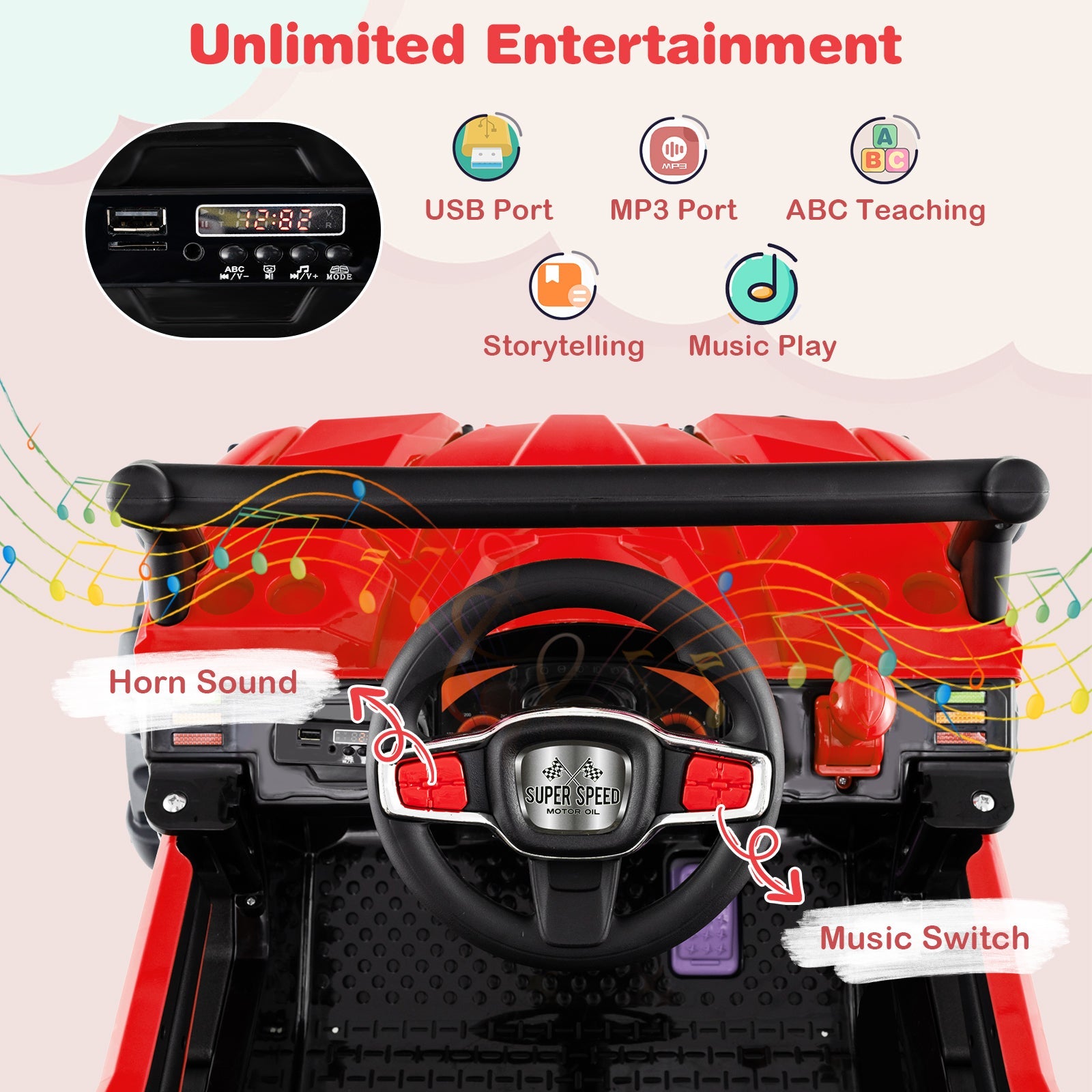 12V Battery Powered Kids Electric Ride-On Car with Remote Control - Red