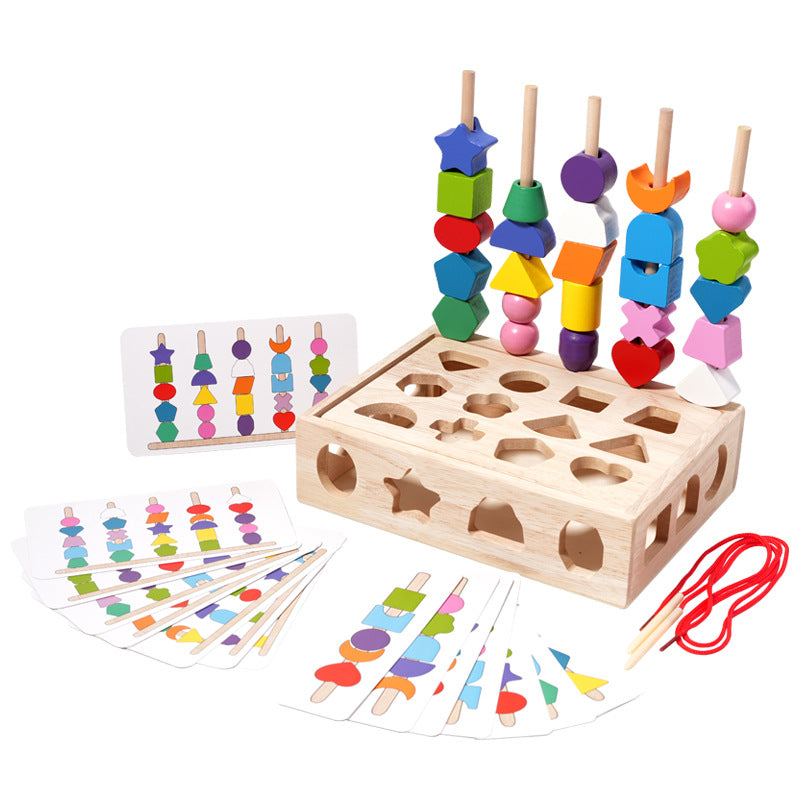 Wooden Shape Sorting Puzzle - 5 Column Bead Sensory Set for Toddlers