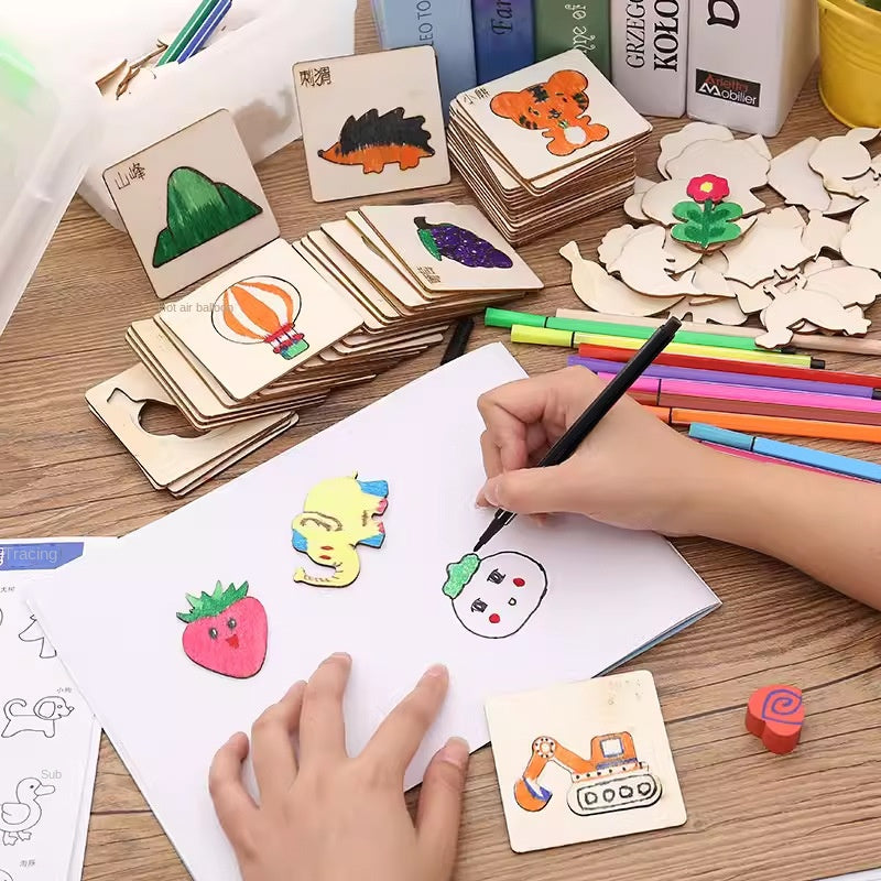 Children's Wooden Drawing Template Set - Hollow Graffiti Painting Tool Kit