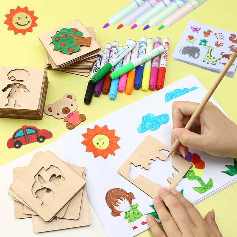 Children's Wooden Drawing Template Set - Hollow Graffiti Painting Tool Kit