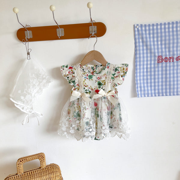 Floral Mesh Dress & Hat Set for Little Ladies
