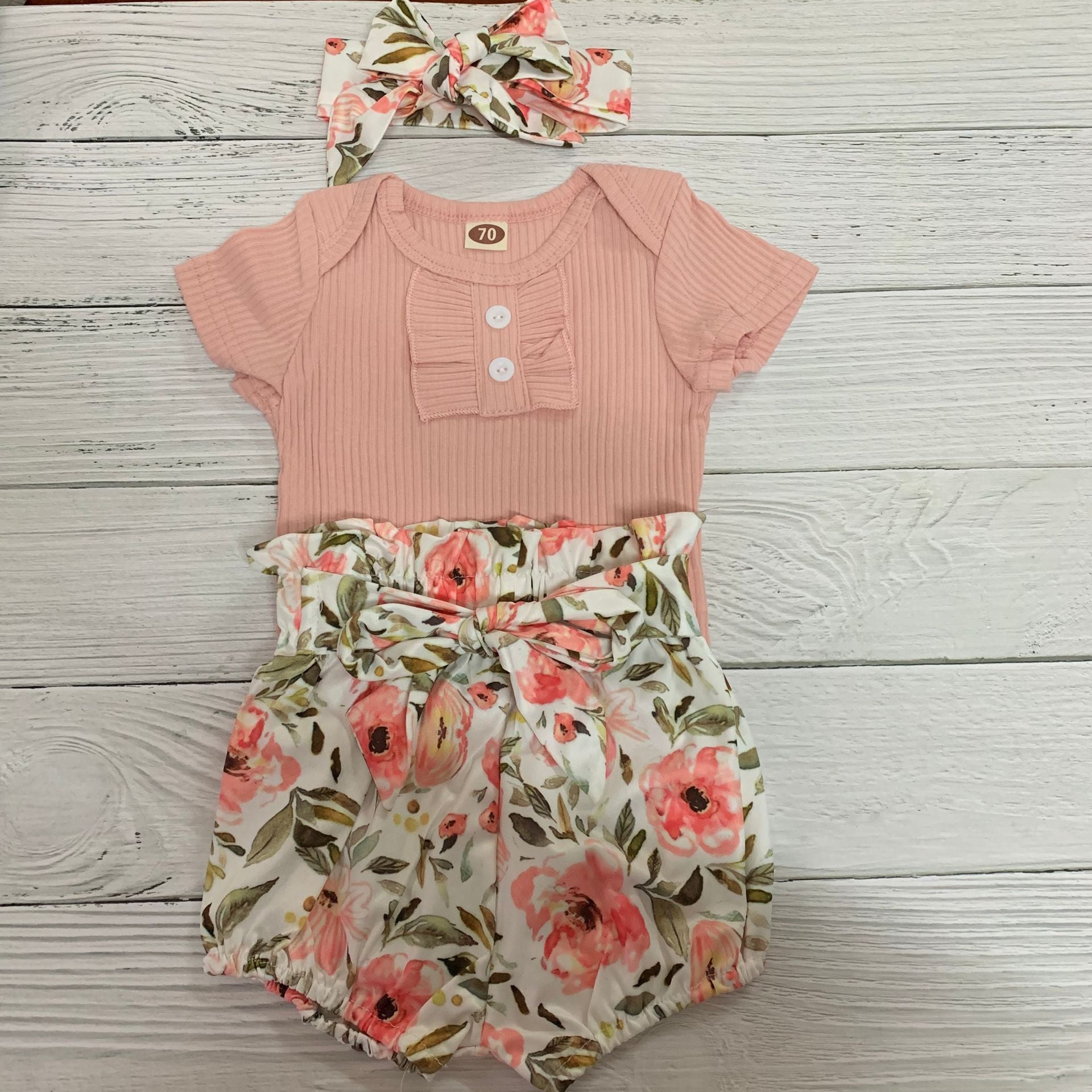 Baby Girl 3-Piece Ruffle Romper Set – Romper, Flower Belt Pants & Headband