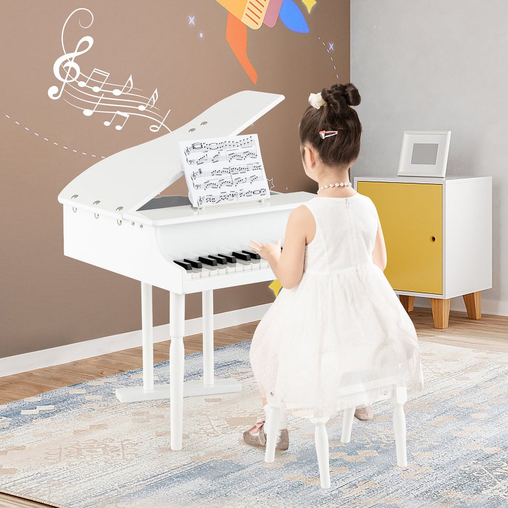 30-Key Kids Piano with Bench - White Wooden Toy Piano for Children Ages 3+