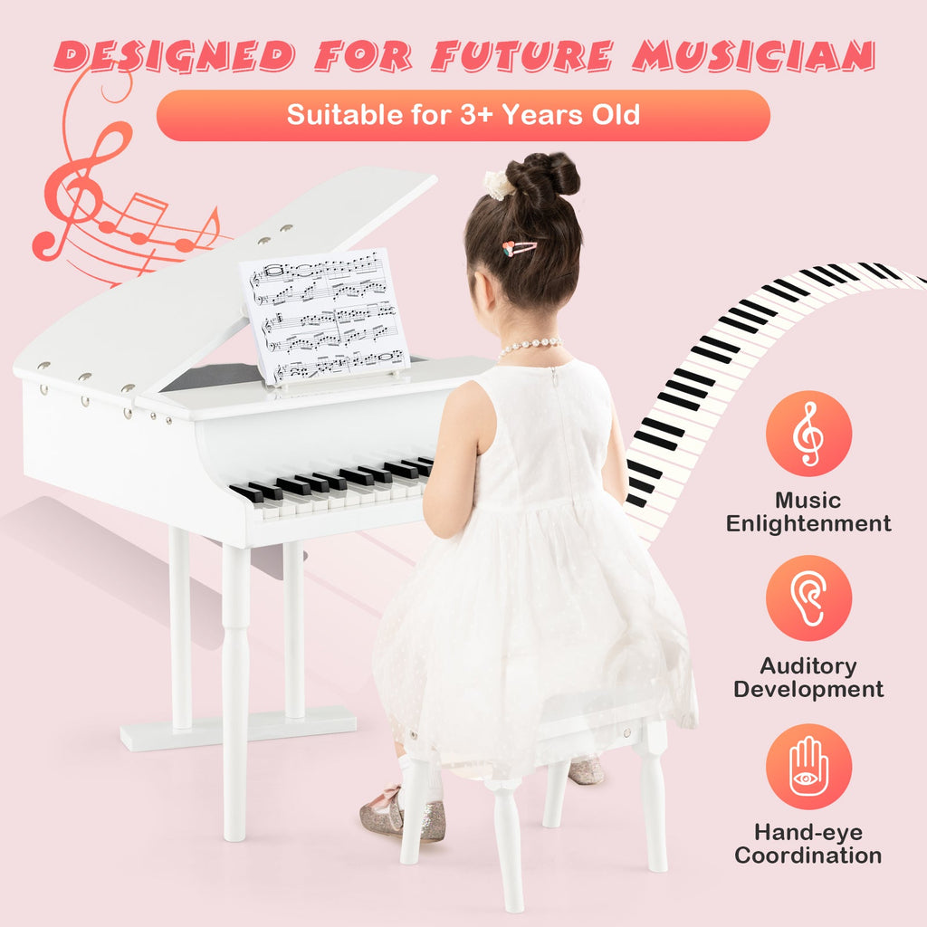 30-Key Kids Piano with Bench - White Wooden Toy Piano for Children Ages 3+