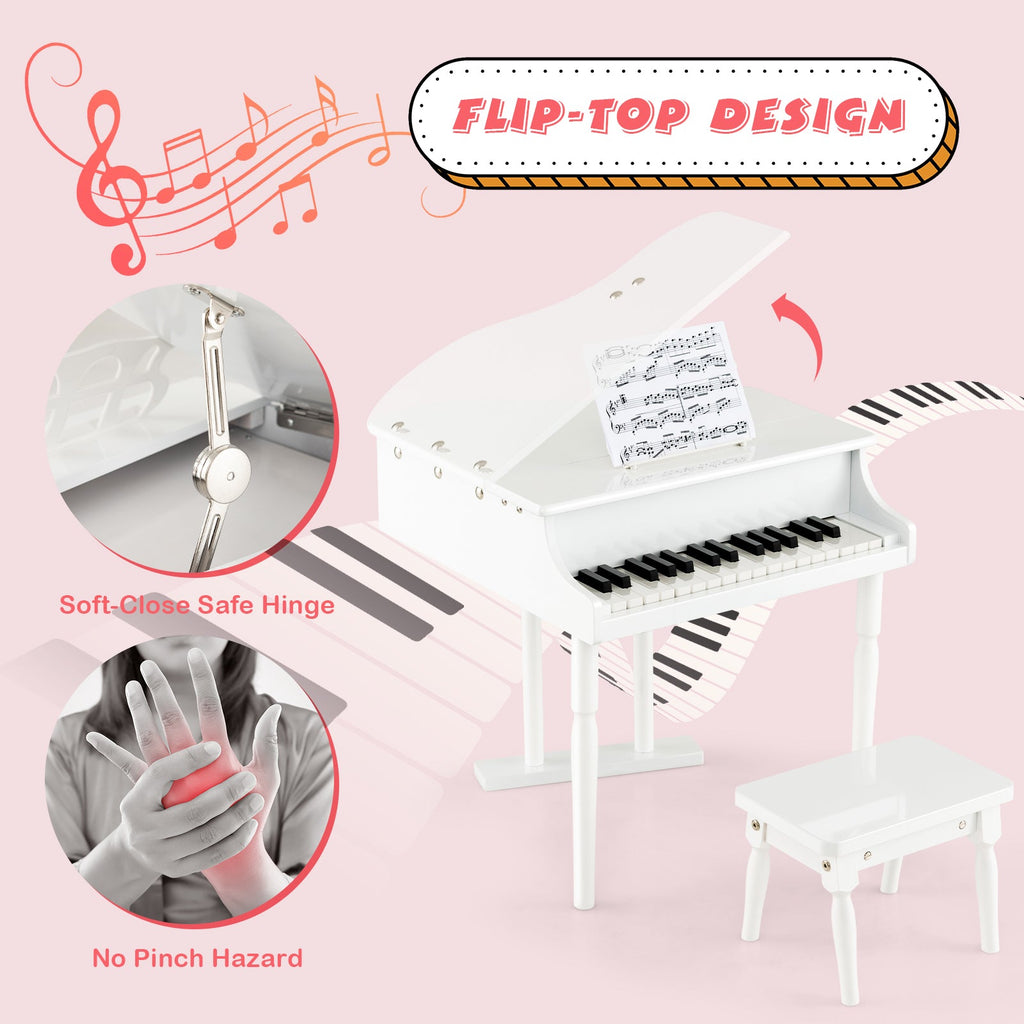 30-Key Kids Piano with Bench - White Wooden Toy Piano for Children Ages 3+