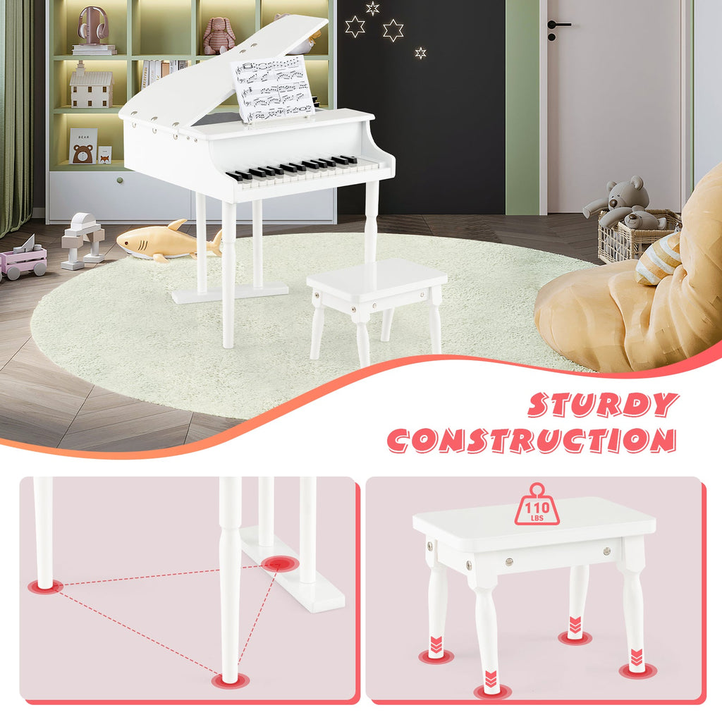 30-Key Kids Piano with Bench - White Wooden Toy Piano for Children Ages 3+