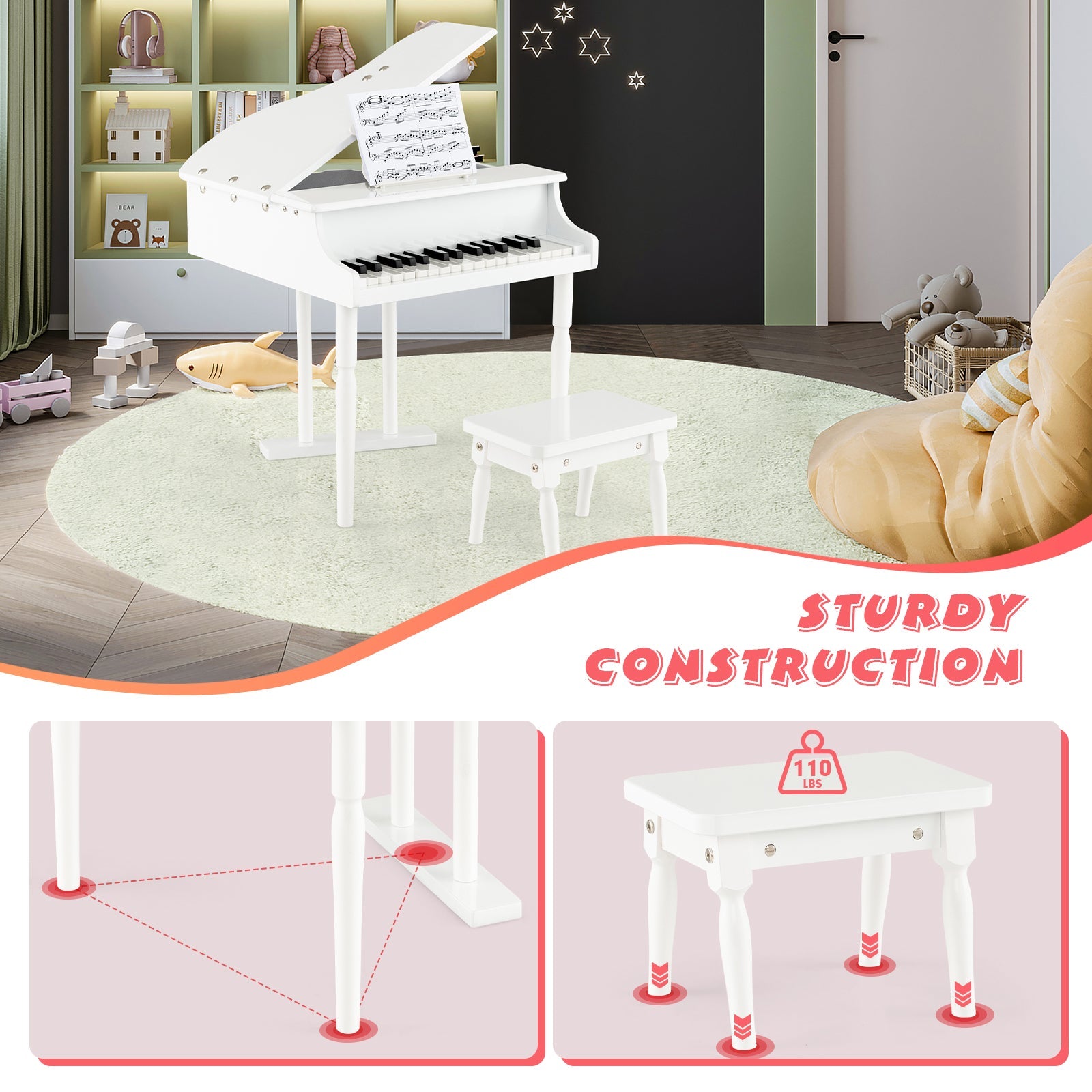 30-Key Kids Piano with Bench - White Wooden Toy Piano for Children Ages 3+