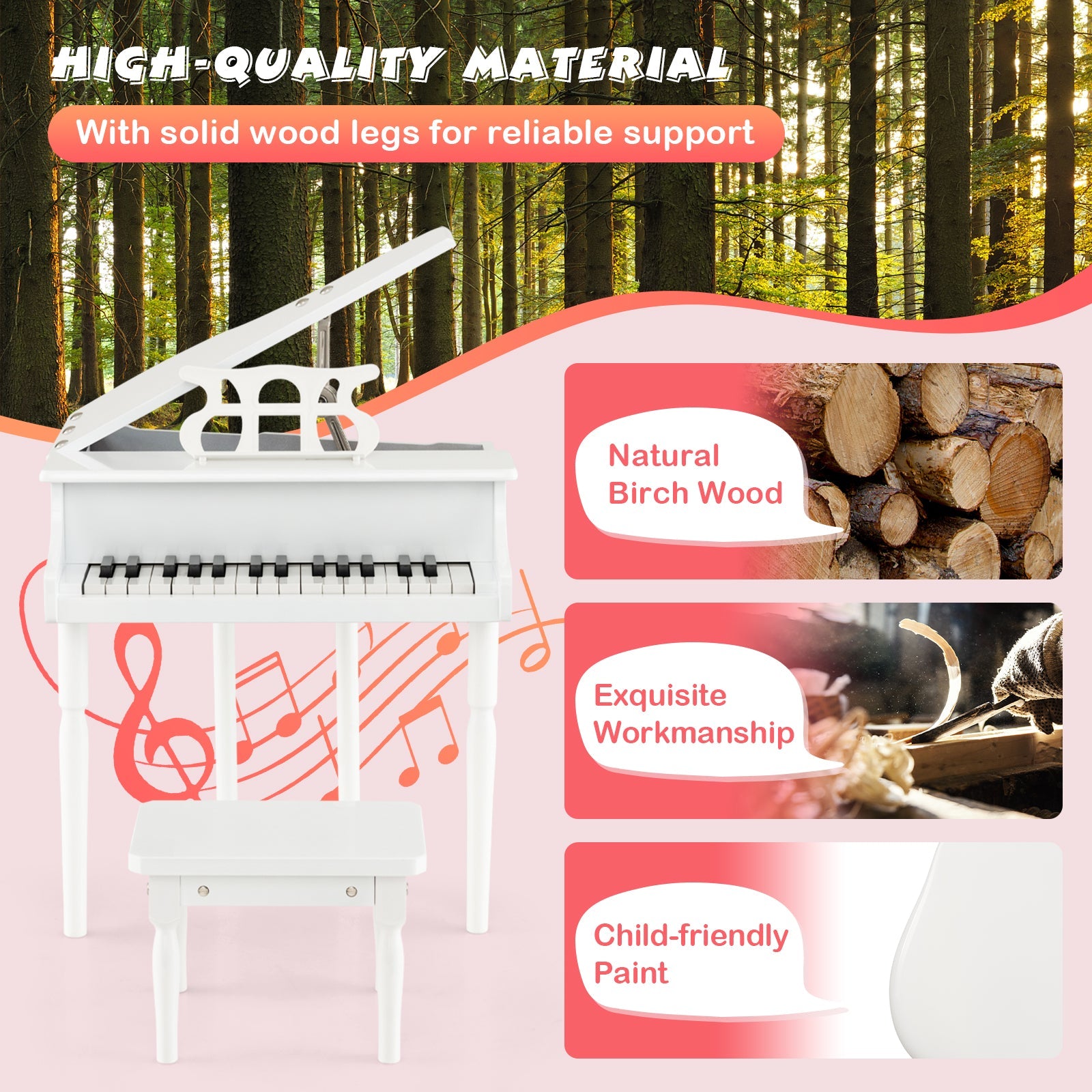 30-Key Kids Piano with Bench - White Wooden Toy Piano for Children Ages 3+