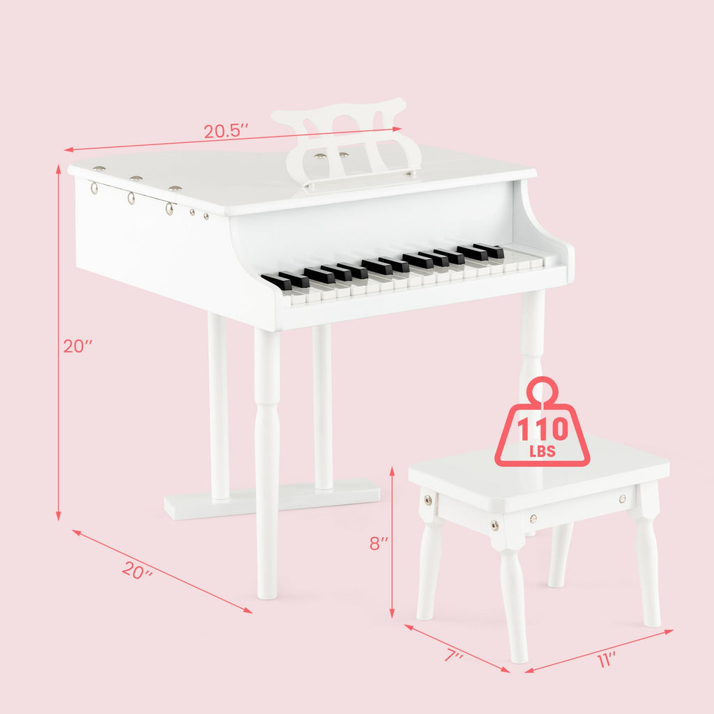30-Key Kids Piano with Bench - White Wooden Toy Piano for Children Ages 3+