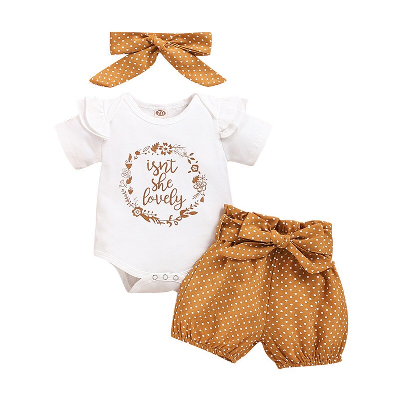 Baby Girl 3-Piece Summer Outfit – Letter Print Romper, Dot Pants & Headband (3–18 Months)