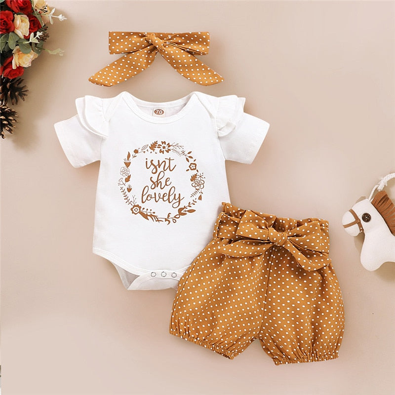 Baby Girl 3-Piece Summer Outfit – Letter Print Romper, Dot Pants & Headband (3–18 Months)
