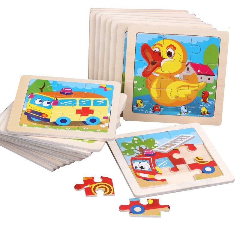 Wooden Children's Puzzle Toy - 9 Piece Educational Animal & Transportation Set