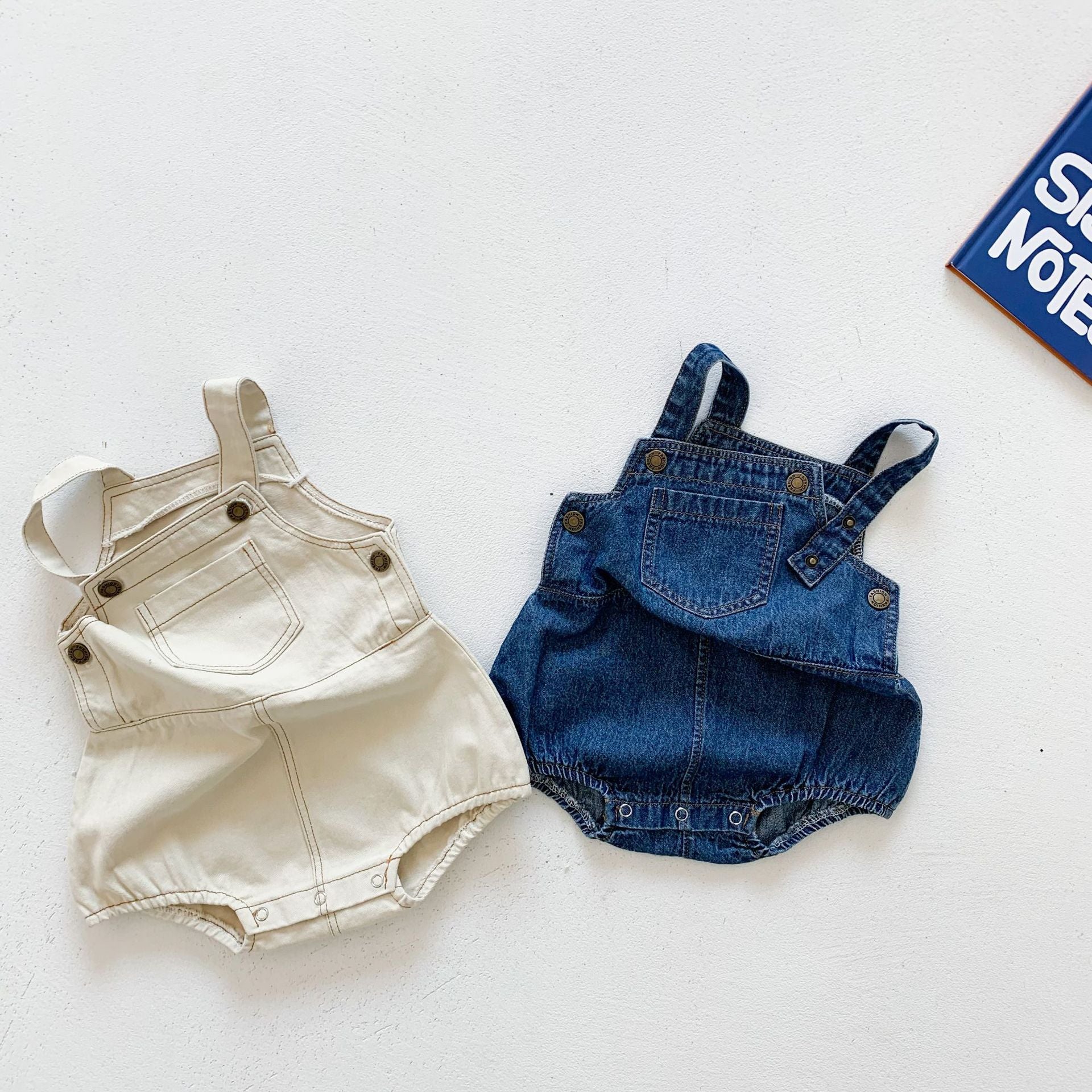 Cool Denim Overall Romper with Striped Top