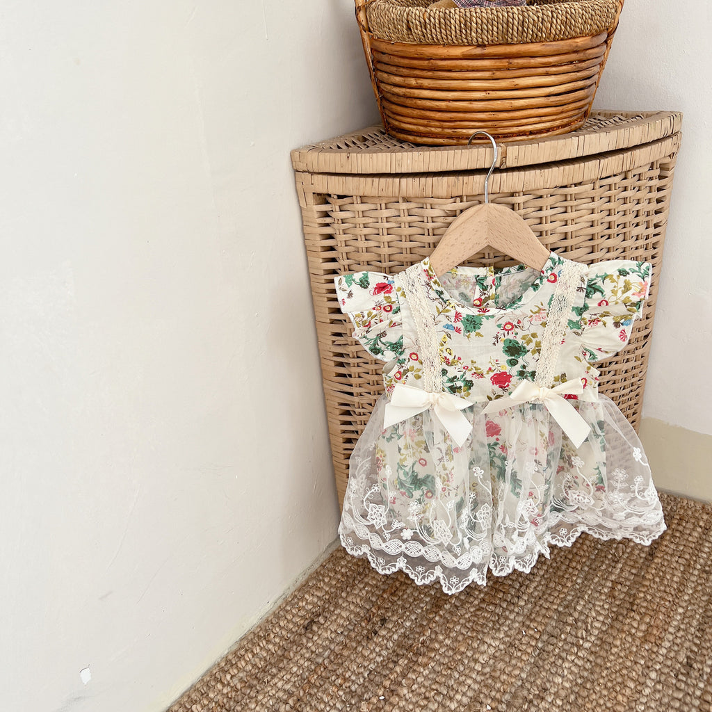 Floral Mesh Dress & Hat Set for Little Ladies