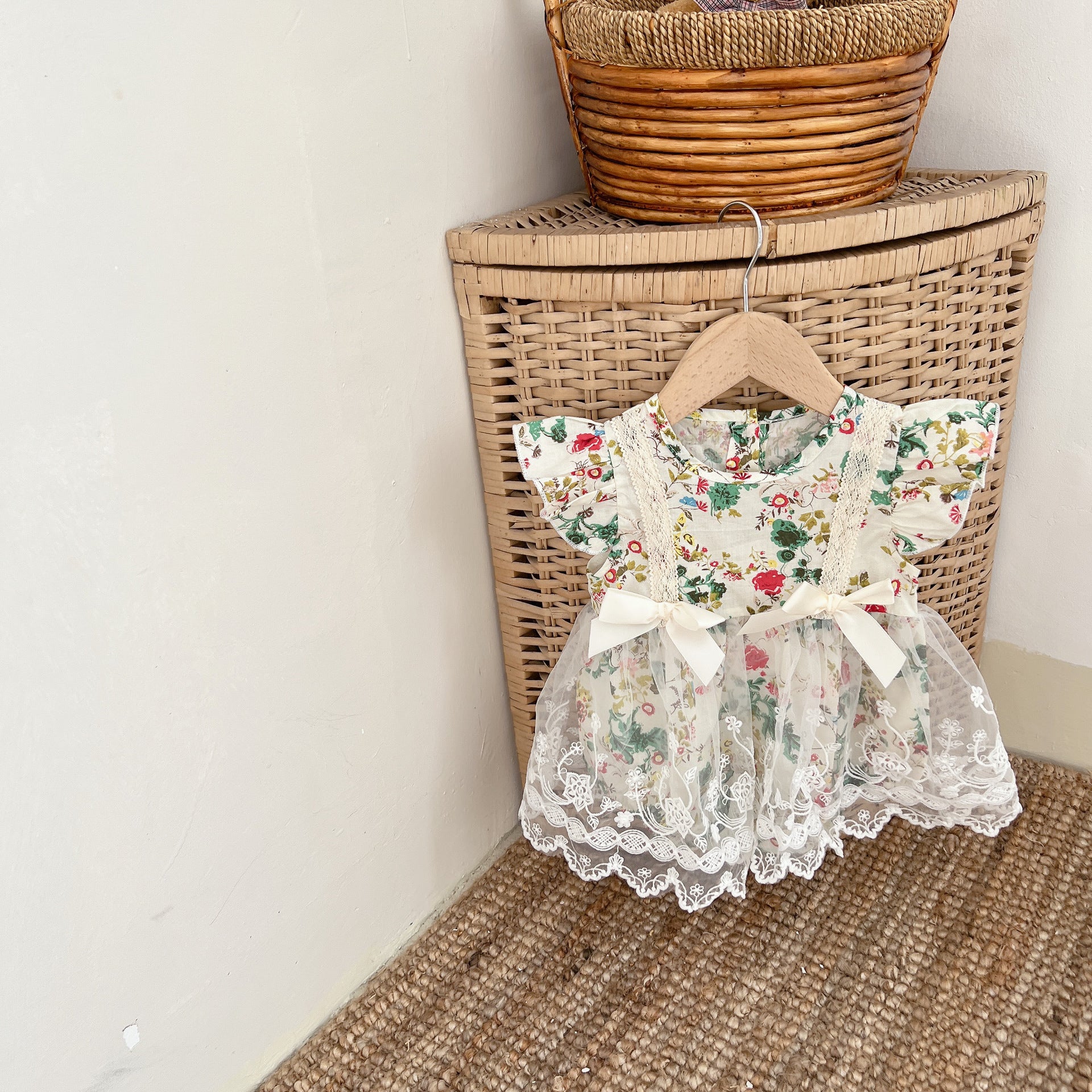 Floral Mesh Dress & Hat Set for Little Ladies