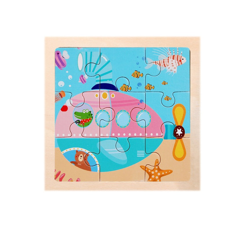 Wooden Children's Puzzle Toy - 9 Piece Educational Animal & Transportation Set