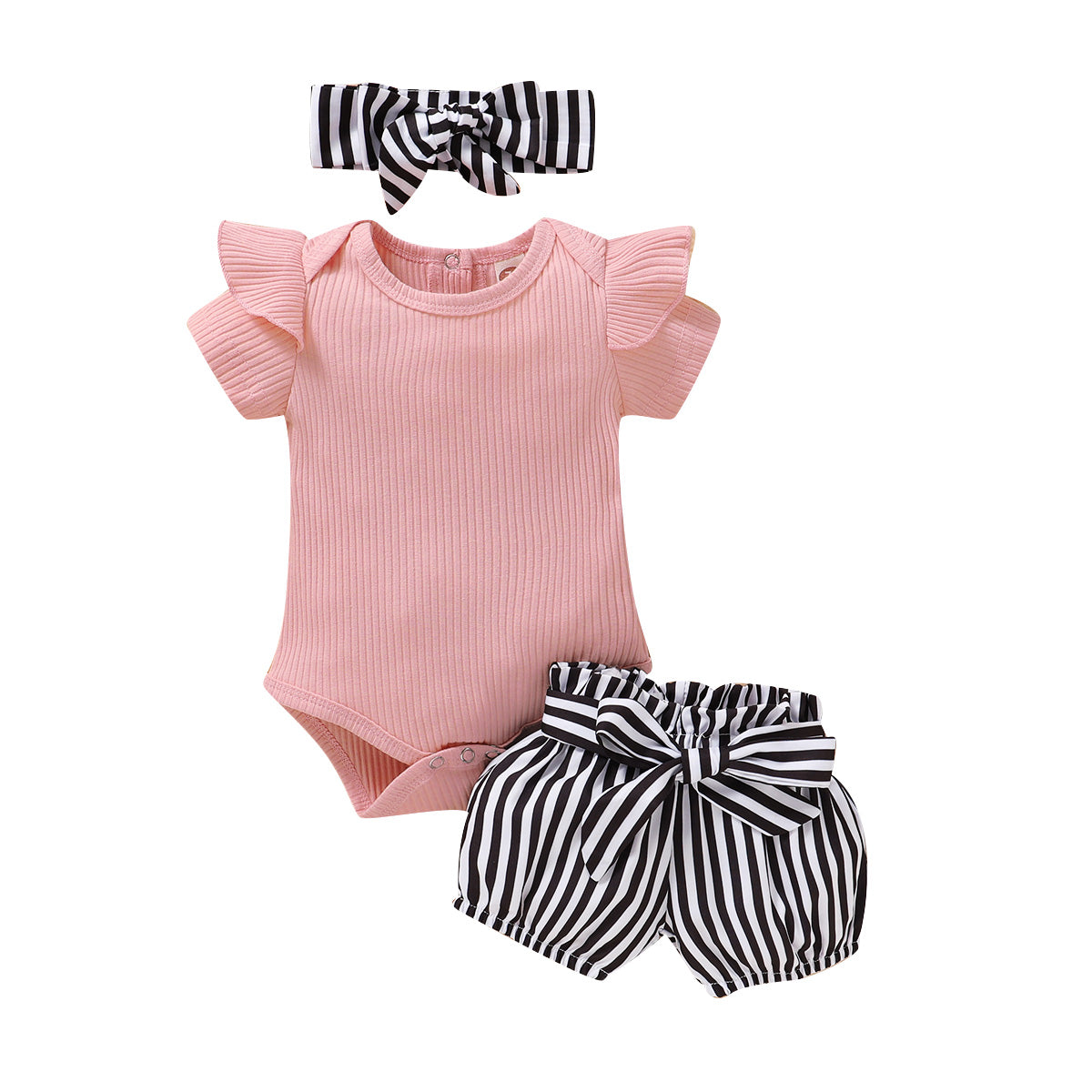 Baby Girl Pink and Stripe Outfits with Bowknot Headband & Shorts