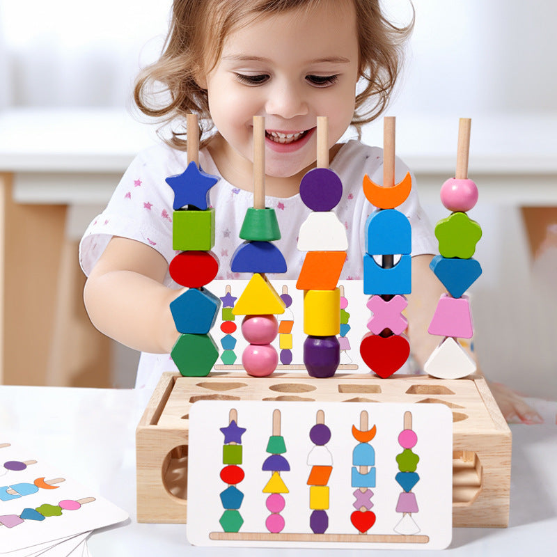 Wooden Shape Sorting Puzzle - 5 Column Bead Sensory Set for Toddlers