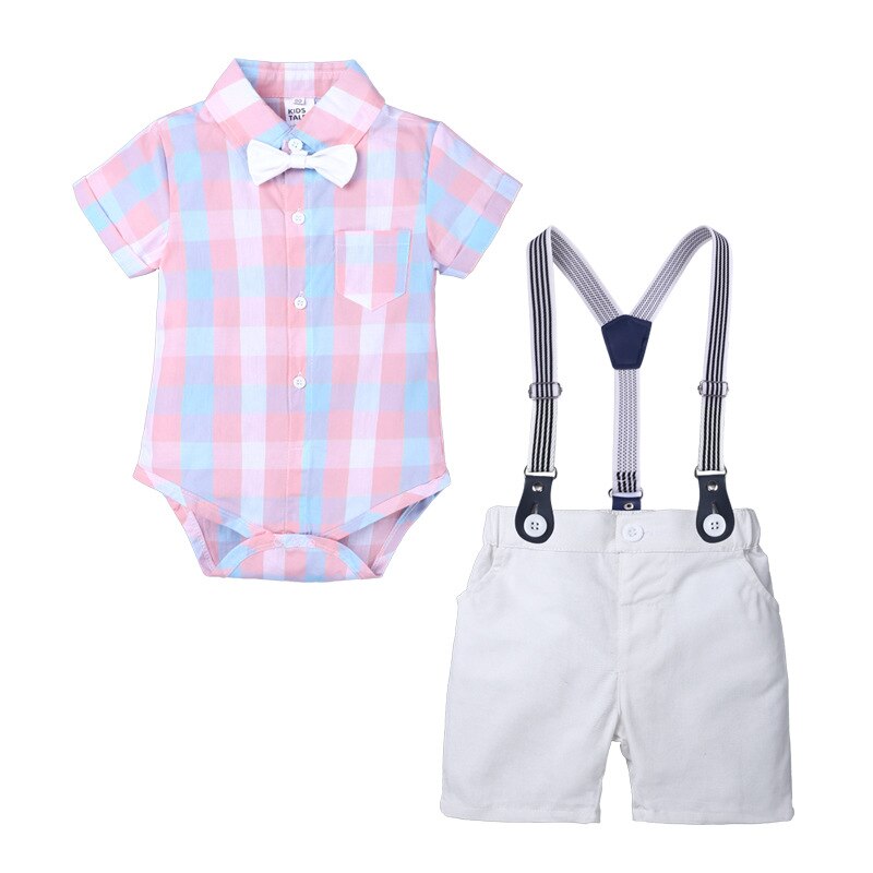 Baby Boy Gentleman Suit - Plaid Shirt & Bow Tie Romper Set