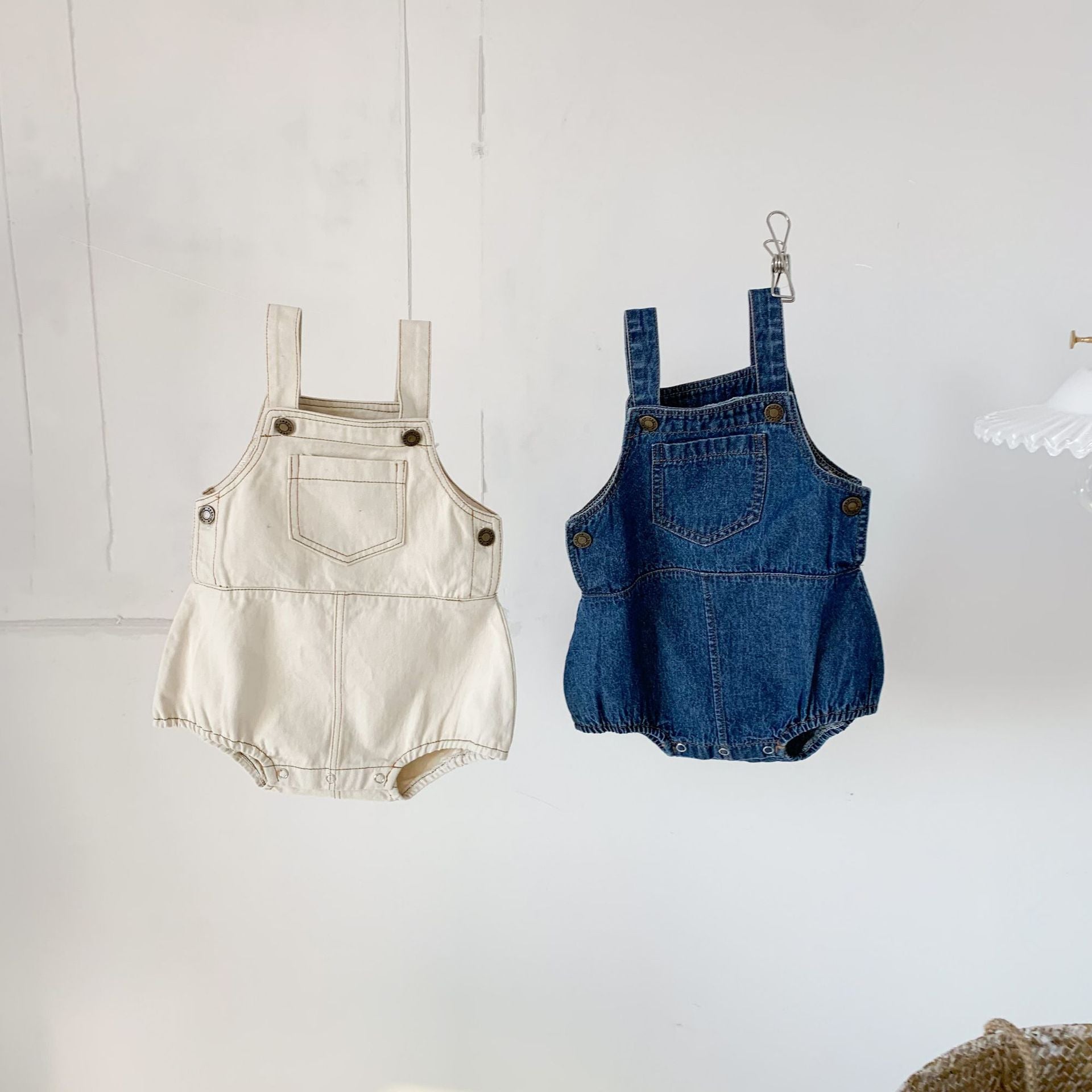 Cool Denim Overall Romper with Striped Top