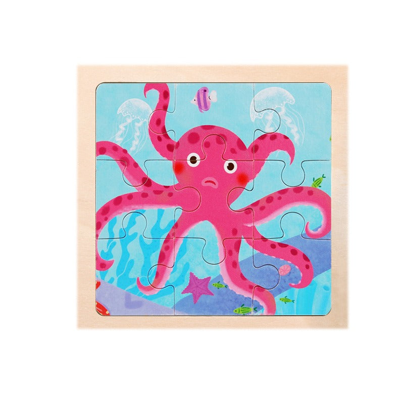 Wooden Children's Puzzle Toy - 9 Piece Educational Animal & Transportation Set