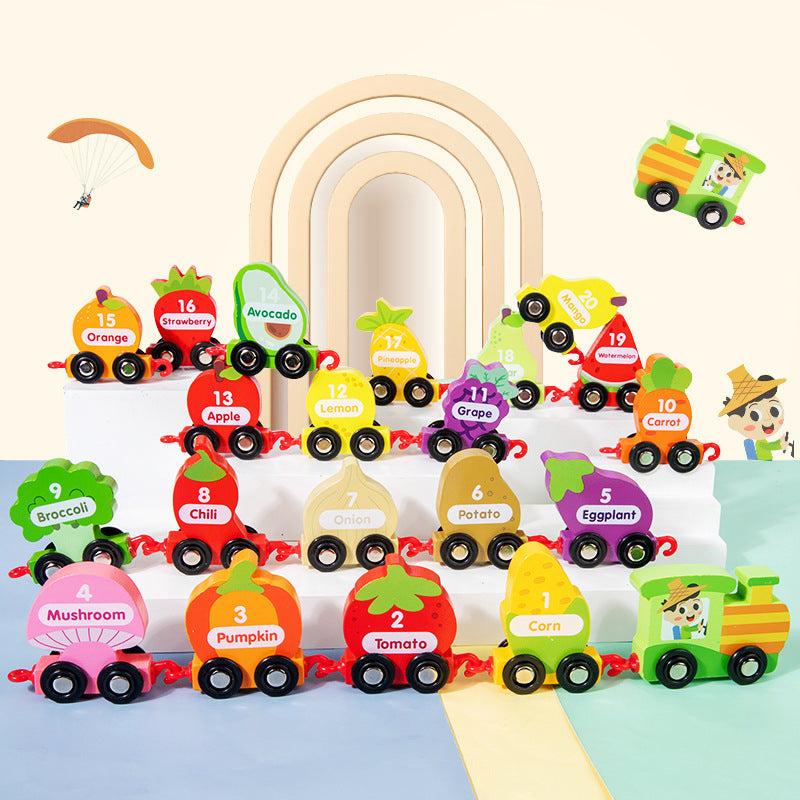Wooden Number Train Toy - Educational Fruit & Vegetable Learning Set for Toddlers