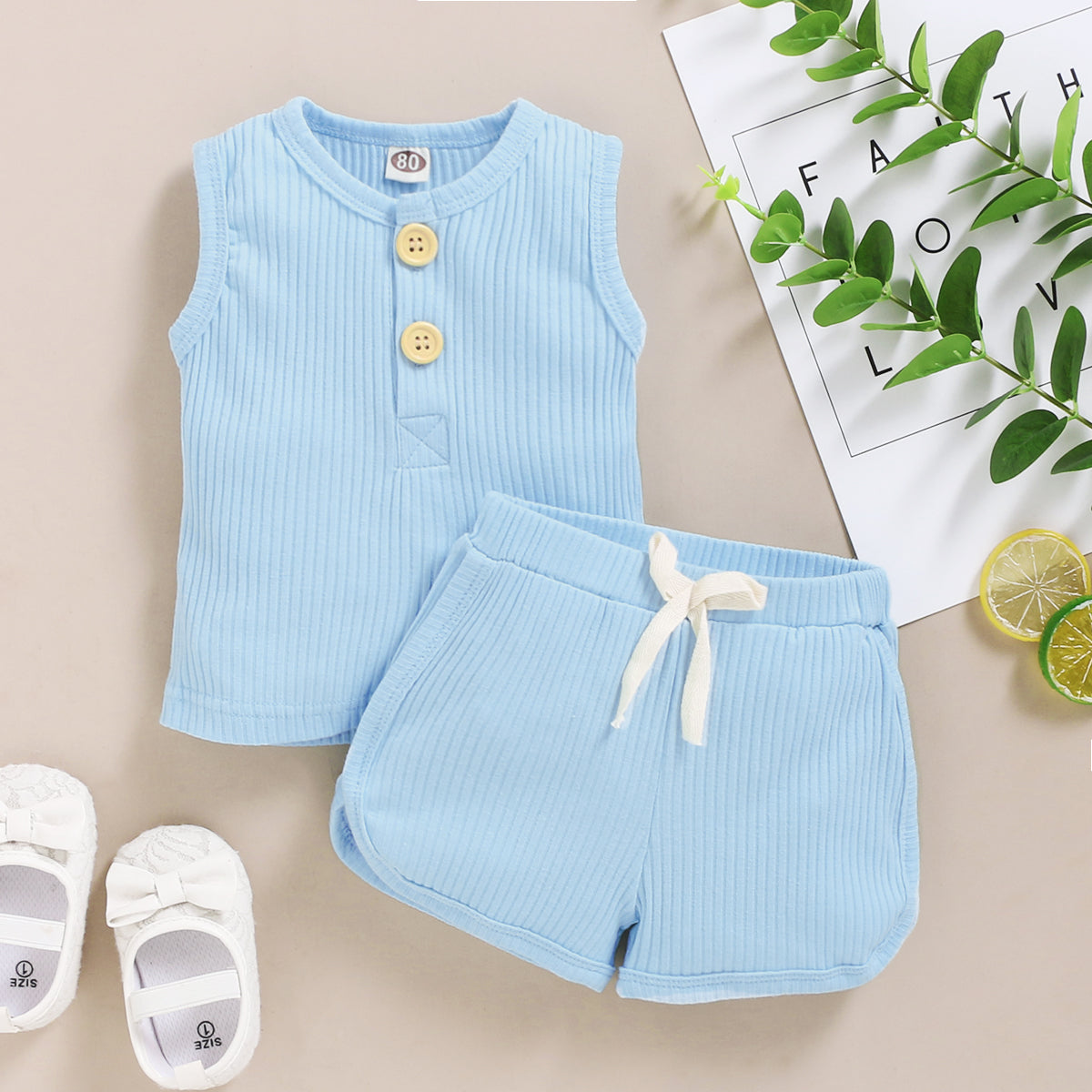 Solid Sleeveless Button Vest + Shorts Set