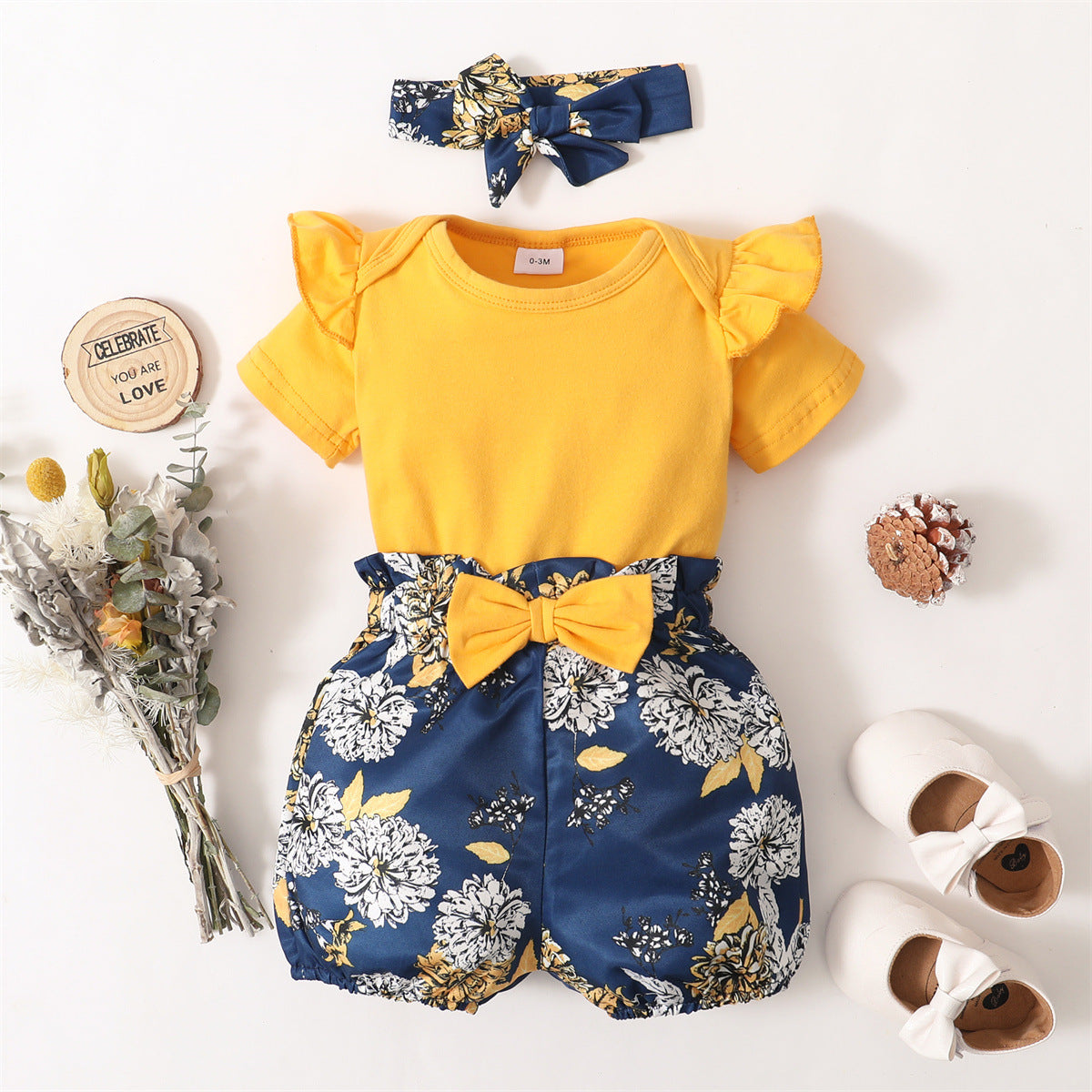 Baby Girl 3-Piece Summer Set – Ruffle Bodysuit, Floral Shorts & Headband (0–18 Months)