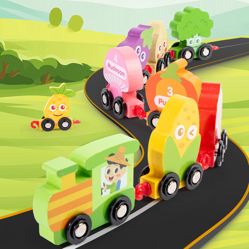 Wooden Number Train Toy - Educational Fruit & Vegetable Learning Set for Toddlers
