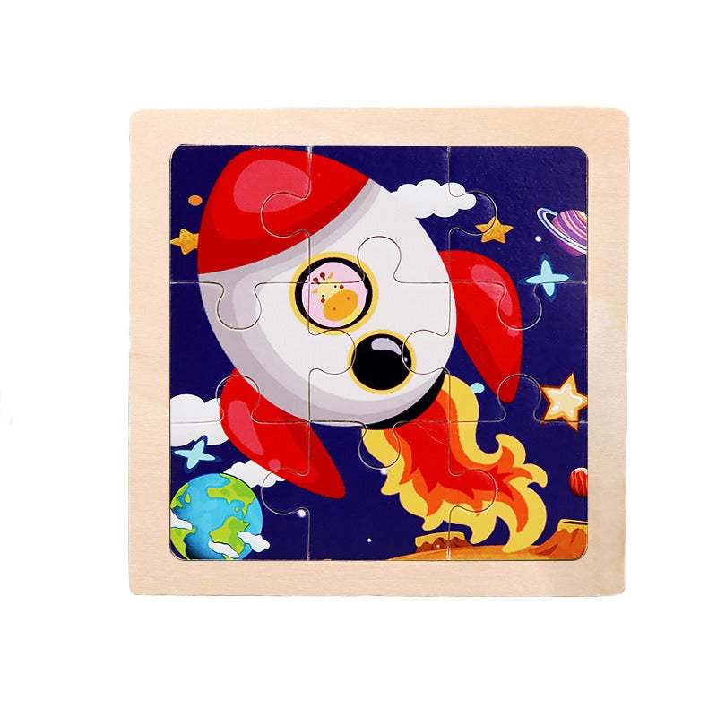 Wooden Children's Puzzle Toy - 9 Piece Educational Animal & Transportation Set