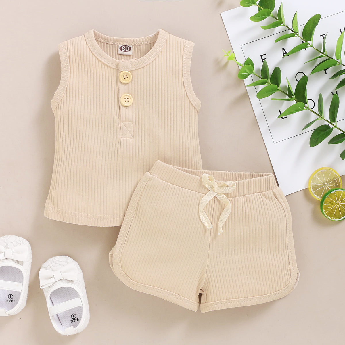 Solid Sleeveless Button Vest + Shorts Set