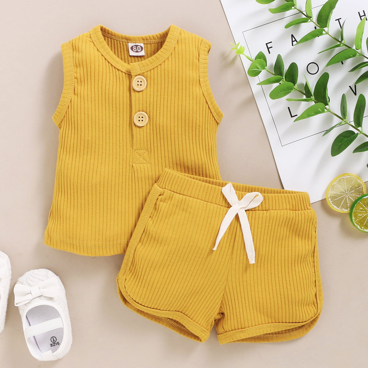 Solid Sleeveless Button Vest + Shorts Set