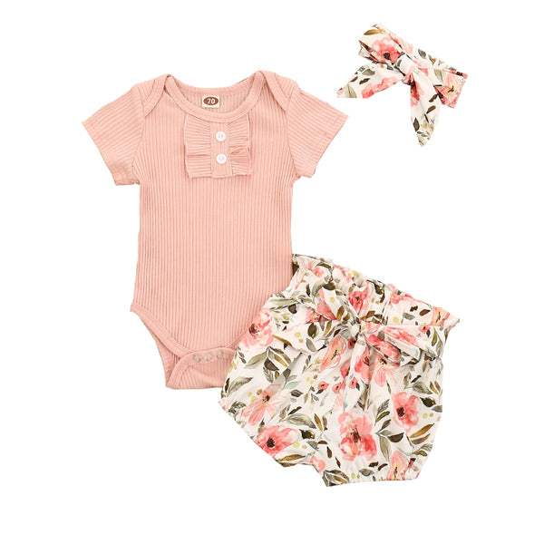 Baby Girl 3-Piece Ruffle Romper Set – Romper, Flower Belt Pants & Headband