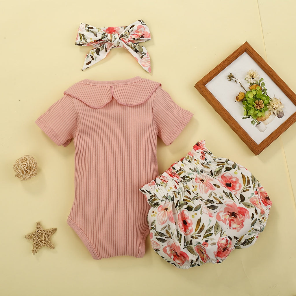 Baby Girl 3-Piece Ruffle Romper Set – Romper, Flower Belt Pants & Headband