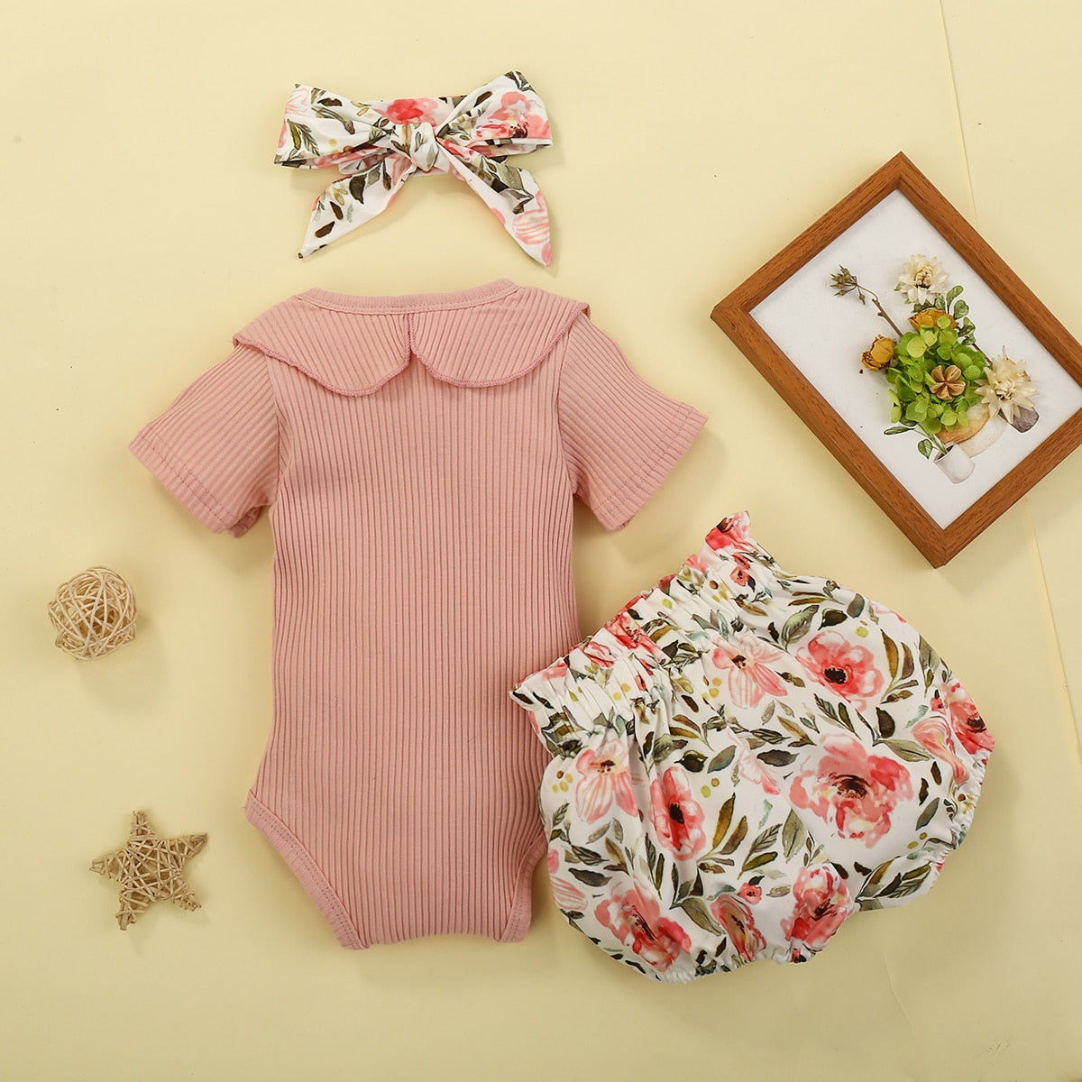 Baby Girl 3-Piece Ruffle Romper Set – Romper, Flower Belt Pants & Headband