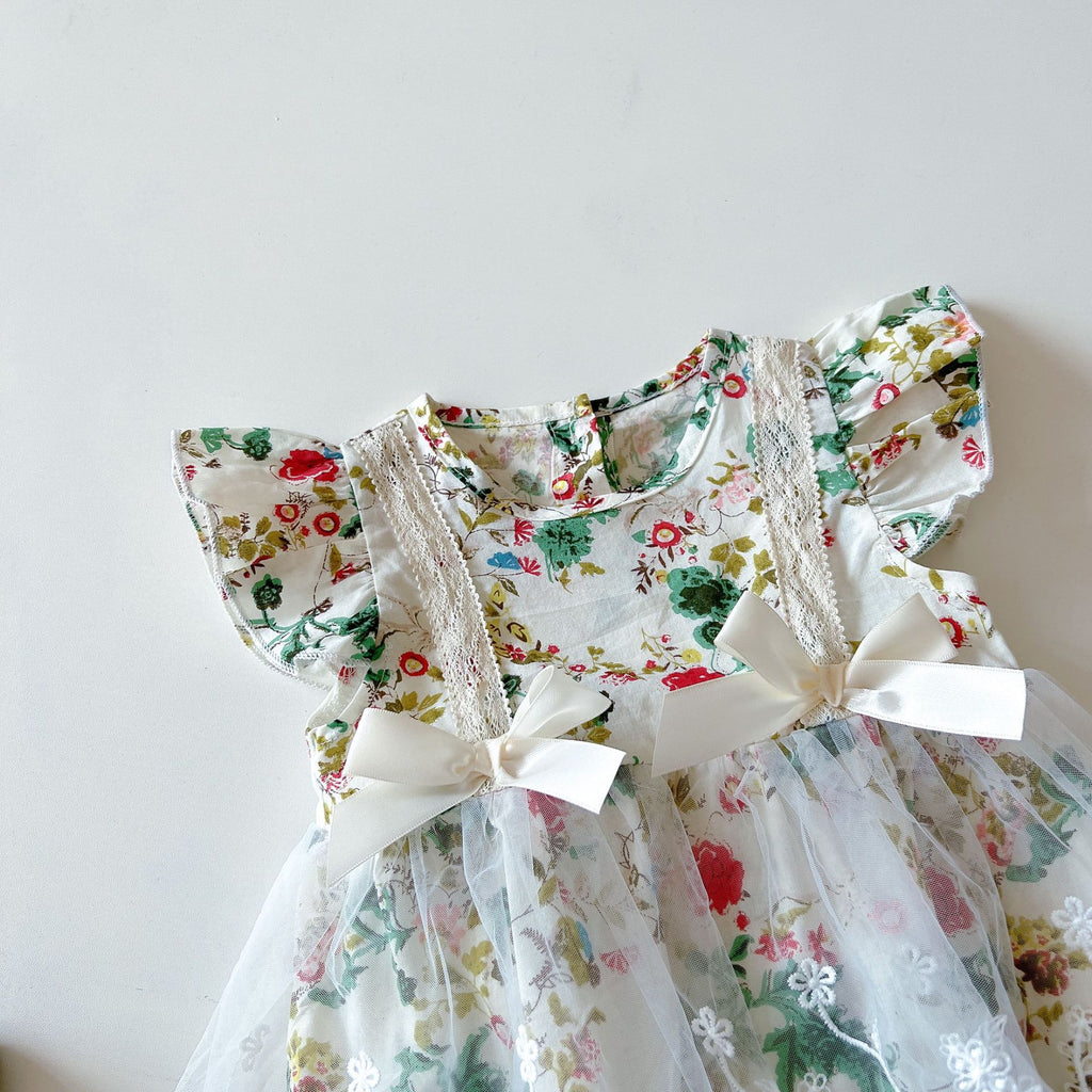 Floral Mesh Dress & Hat Set for Little Ladies