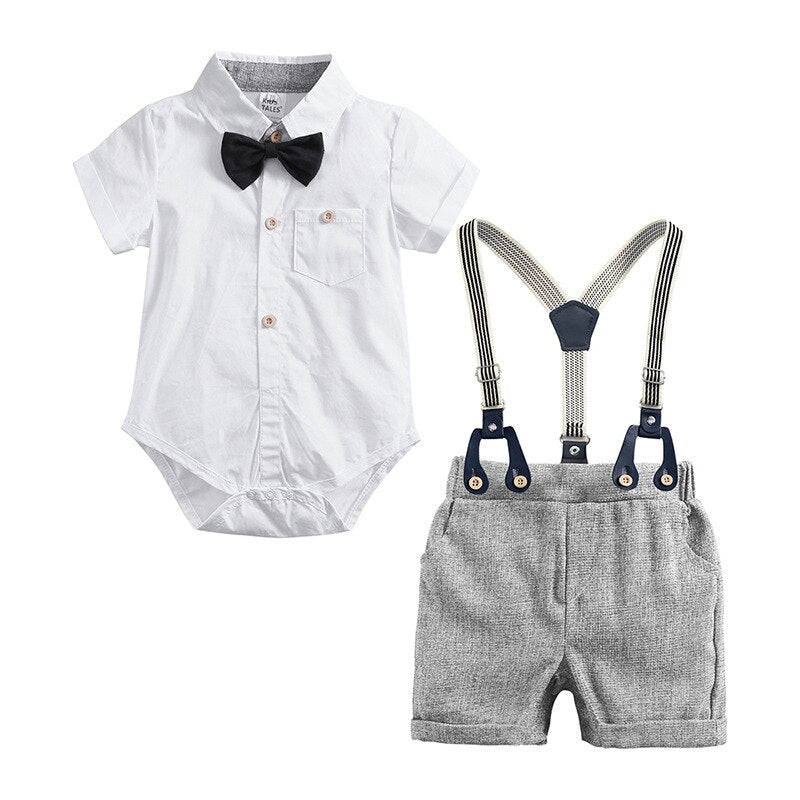 Baby Boy Gentleman Suit - Plaid Shirt & Bow Tie Romper Set