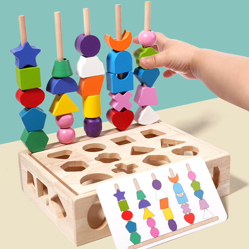 Wooden Shape Sorting Puzzle - 5 Column Bead Sensory Set for Toddlers