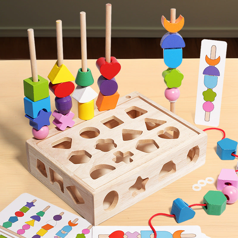 Wooden Shape Sorting Puzzle - 5 Column Bead Sensory Set for Toddlers