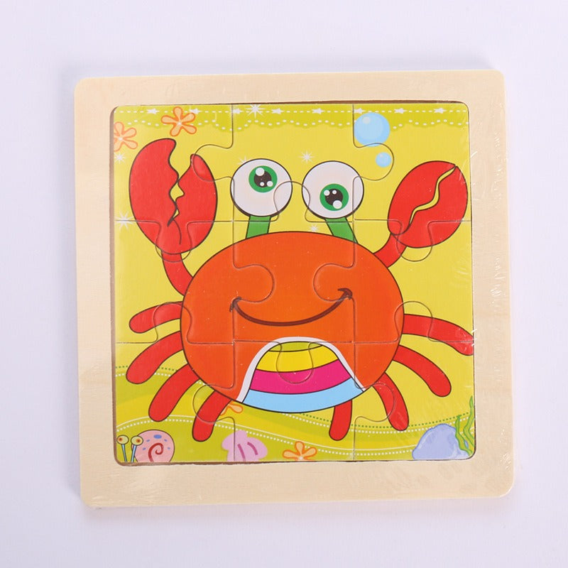 Wooden Children's Puzzle Toy - 9 Piece Educational Animal & Transportation Set