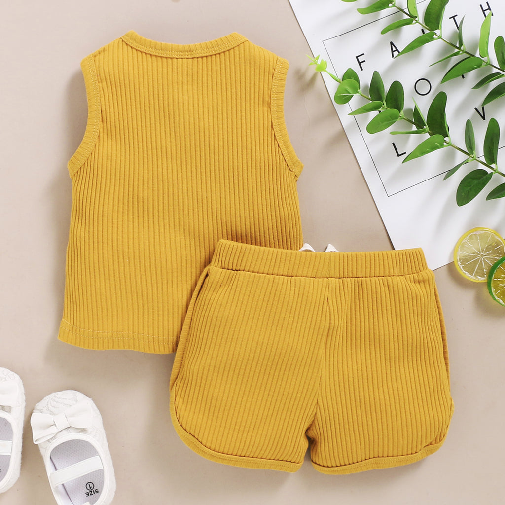 Solid Sleeveless Button Vest + Shorts Set