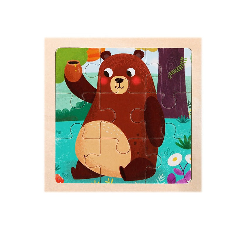 Wooden Children's Puzzle Toy - 9 Piece Educational Animal & Transportation Set