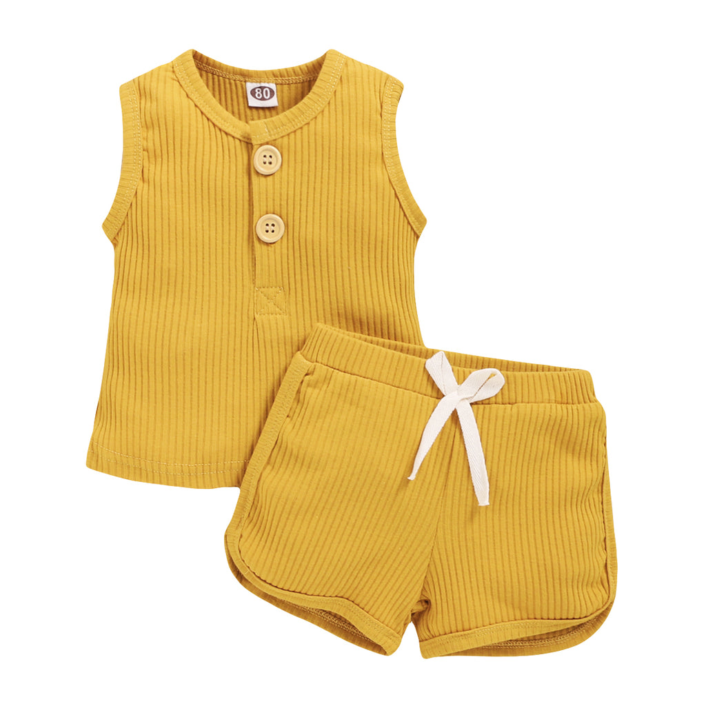 Solid Sleeveless Button Vest + Shorts Set