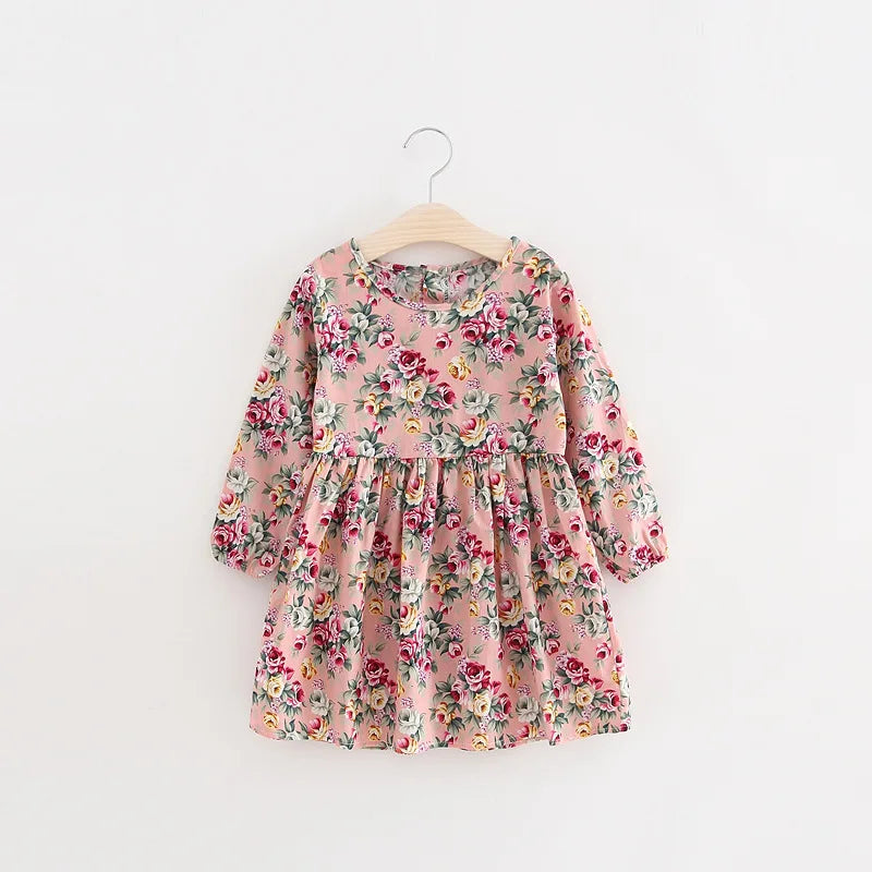 New Kids Long Sleeve Dresses Girls Flower Printed Princess Dress Summer Children Clothing 2 3 4 5 6 7 Years Girl Elegant Outfits