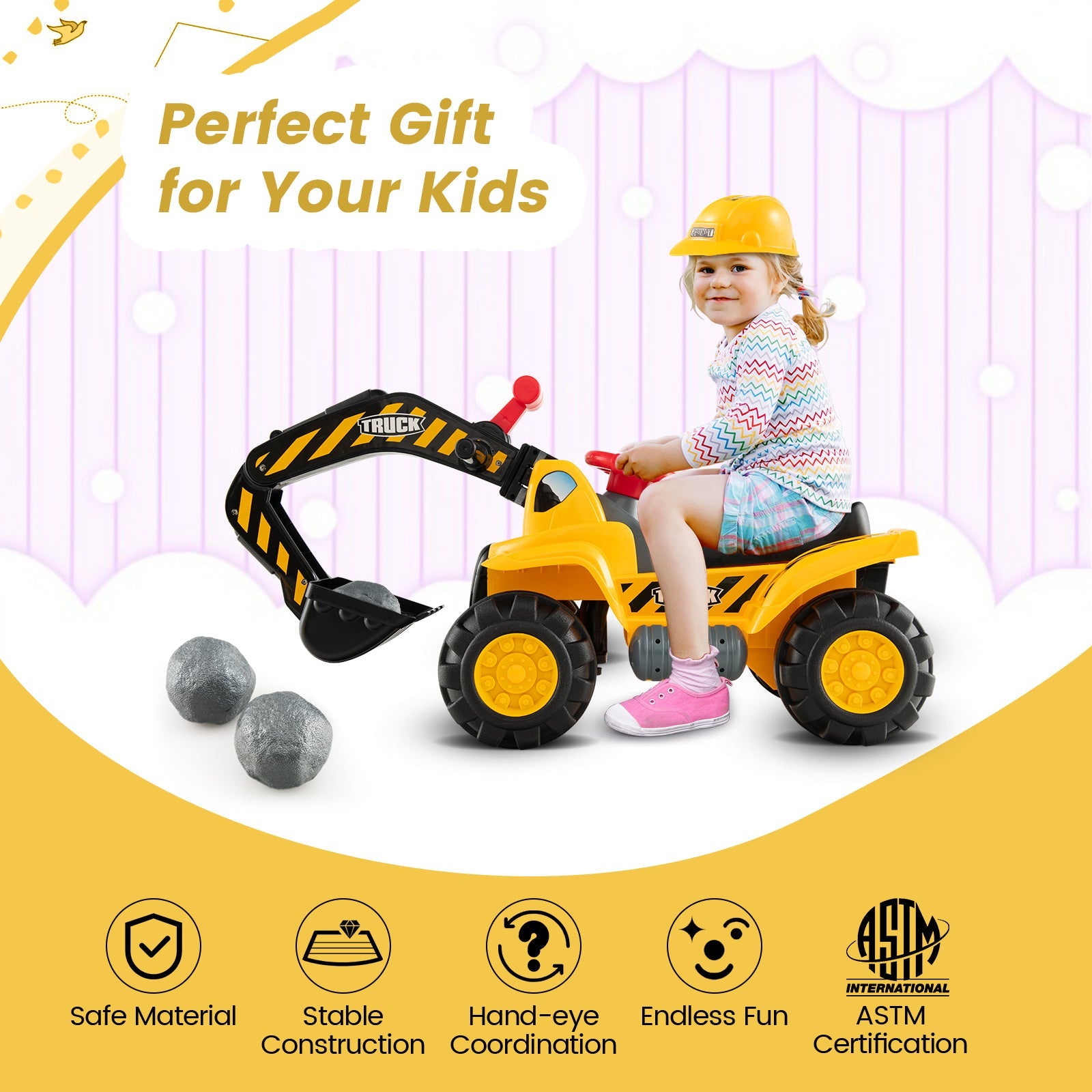 Kids Ride-On Bulldozer Digger Toy with Safety Helmet & Working Shovel - Interactive Construction Play
