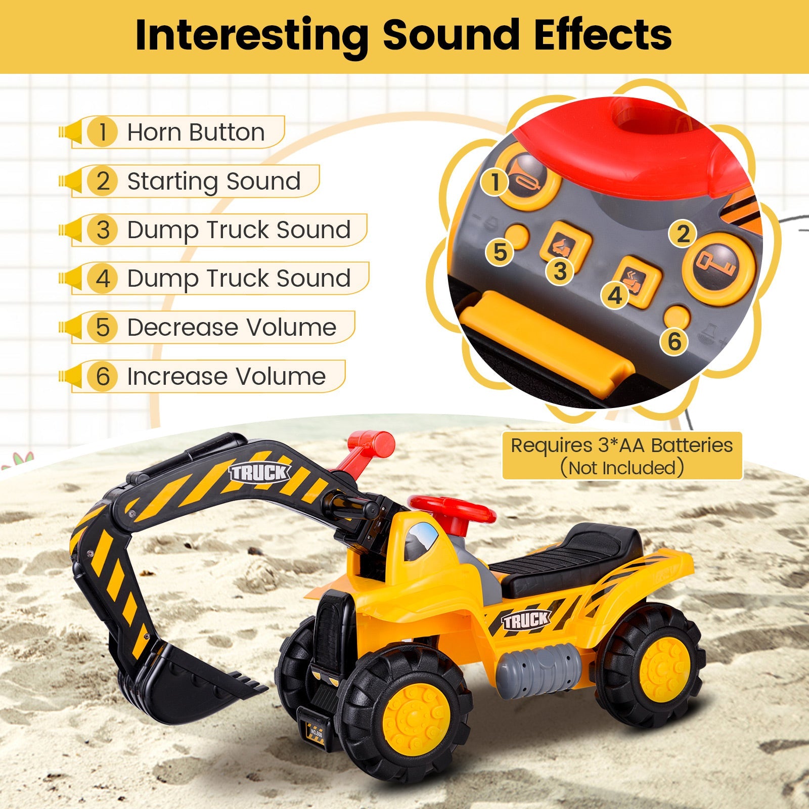 Kids Ride-On Bulldozer Digger Toy with Safety Helmet & Working Shovel - Interactive Construction Play