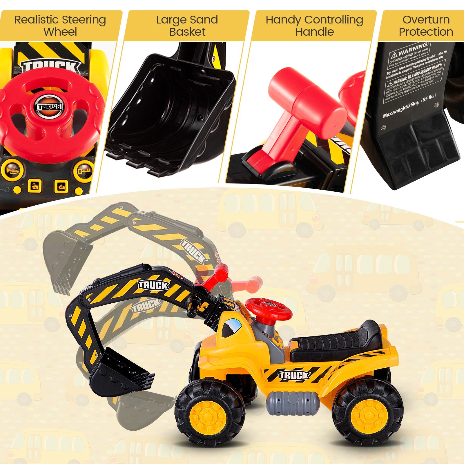 Kids Ride-On Bulldozer Digger Toy with Safety Helmet & Working Shovel - Interactive Construction Play
