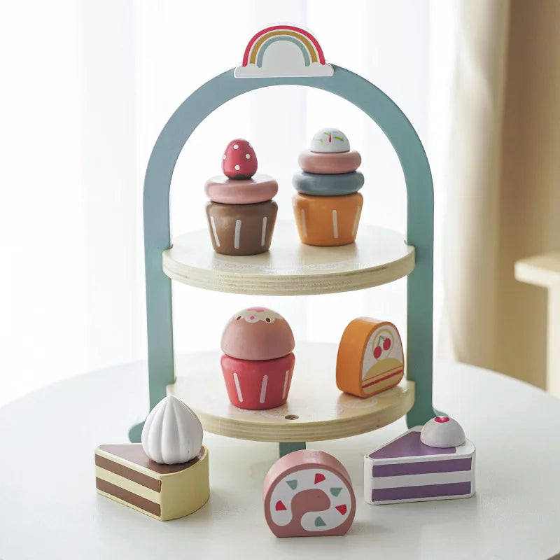 Wooden Afternoon Tea Set - Pretend Play Tea Party with Sweets & 2-Tier Display