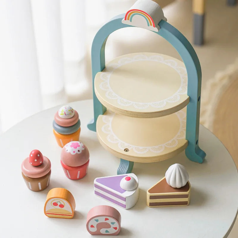 Wooden Afternoon Tea Set - Pretend Play Tea Party with Sweets & 2-Tier Display